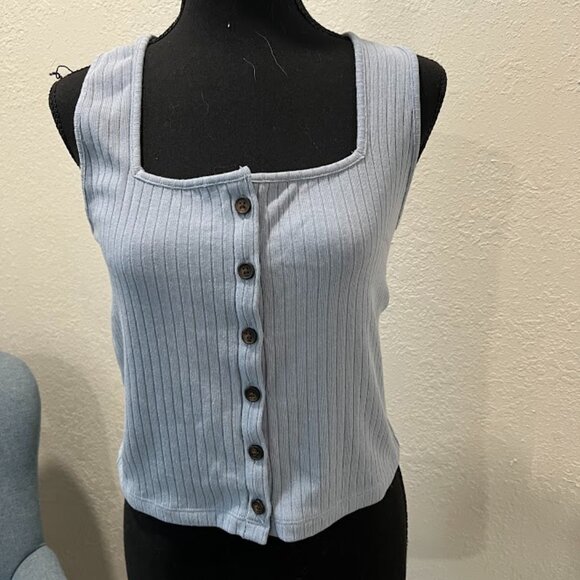 Madewell Light Blue rib knit short button up sleeveless top Size M NWOT - Picture 1 of 4